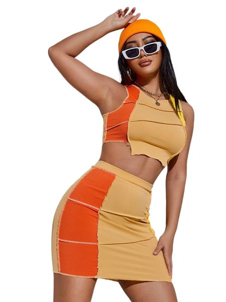 

sxy two tone stitching asymmetrical hem crop tank & skirt a1tw#, White