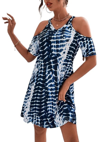 

tie dye print cold shoulder dress f914#, Black;gray