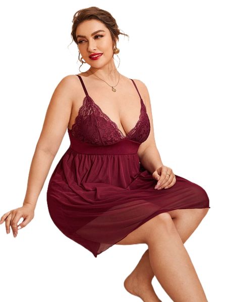 

plus contrast floral lace chiffon cami nightdress y6sd#, Black;white