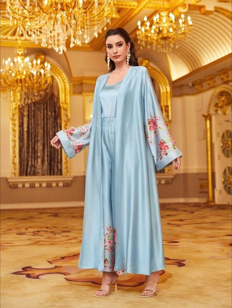 

solid satin & pants & floral print roll up sleeve coat without belt c62w#, White