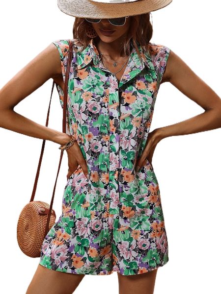 

allover floral print shirt romper h3t0#, Black;white