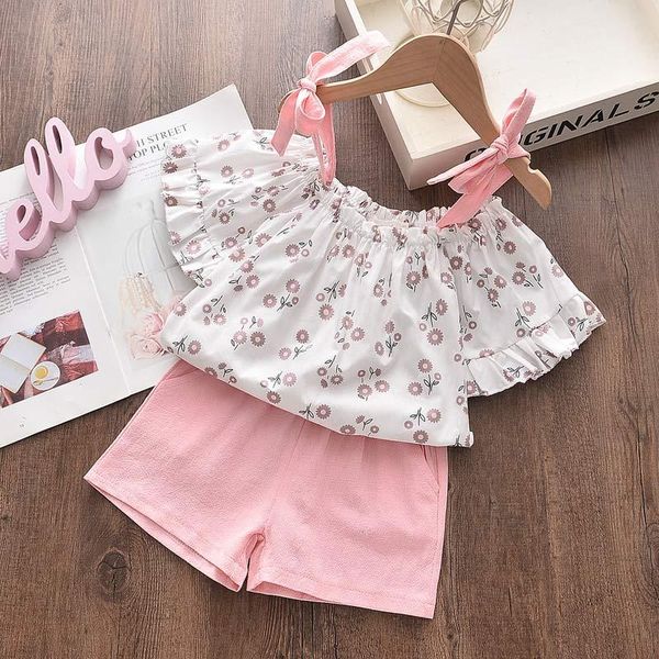 Conjuntos de roupas moda meninas roupas 2022 verão doce jovens crianças estilingue vestido de renda traje conjunto menina rosa onda terno roupas