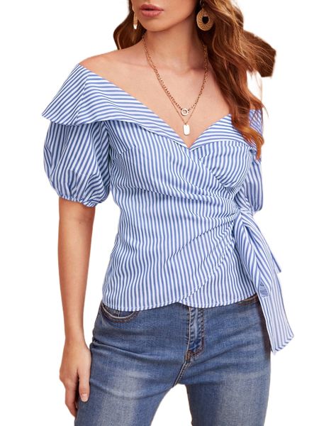 

striped off the shoulder wrap tie side blouse q1jn#, White