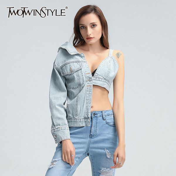 

twotwinstyle patchwork asymmetrical denim women coat v neck one off shoulder hollow out streetwear coat female clothes 201029, Black;brown