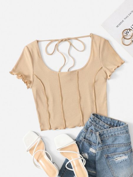 

scoop neck tie backless lettuce trim tee r2pg#, White