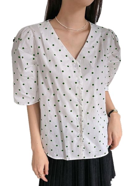 

dazy polka dot print puff sleeve blouse g1at#, White