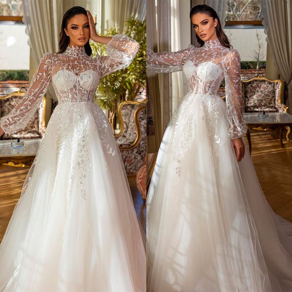 

elegant shiny wedding dress high neck applique a line bridal gowns simple long sleeve plus size custom made party bride dresses, White
