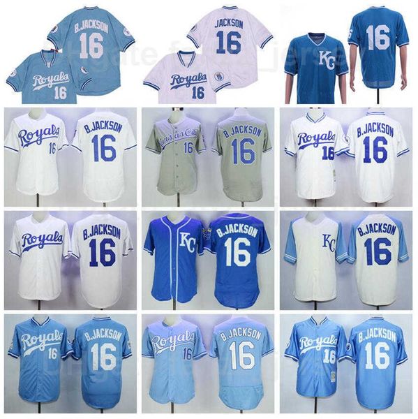 

1974 1980 1985 1987 retro baseball 16 bo jackson jerseys vintage flexbase pullover cool base embroidery and sewing blue white grey team colo, Blue;black