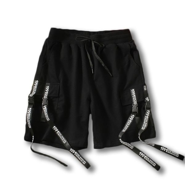 

new side ribbon elastic waist drawstring shorts mens summer hip hop harajuku pocket harem shorts streetwear black abz211 t200512, White;black