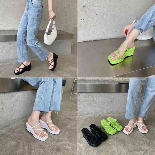 

2022 platform women slipper fashion narrow band ladies summer outdoor beach flip flops wedges heel slip on slides ladies sandal y220523, Black