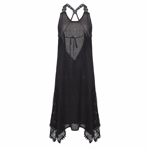 

casual dresses 2022 boho hollow long dress women backless halter beach white black o neck sleeveless midi vestidos ladies 5xl, Black;gray