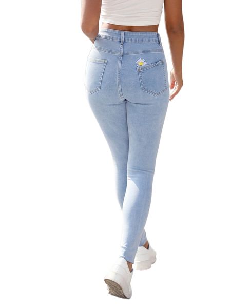 

high waist floral embroidery ripped frayed skinny jeans d7ci#, Blue