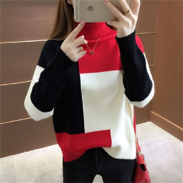 

lucyever patchwork women pullover sweater autumn loose o neck long sleeve knitted thick korean fashion female jumper sweater 201222, White;black