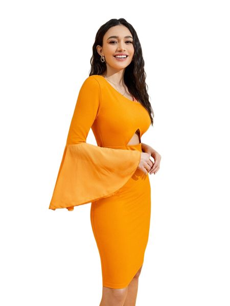 

x lrubre solid asymmetric neck trumpet sleeve cut out dress w83d#, Black;gray