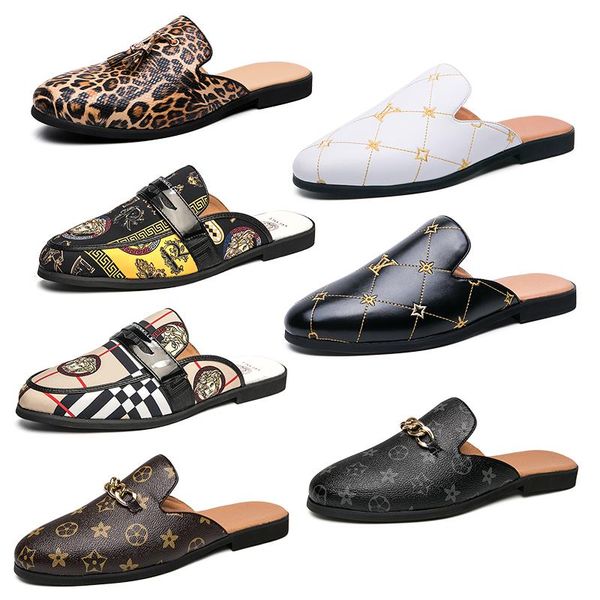 

men luxury brand designer horsebit metal buckle leopard print slippers genuine leather mules black brown flip flops men casual lazy shoes