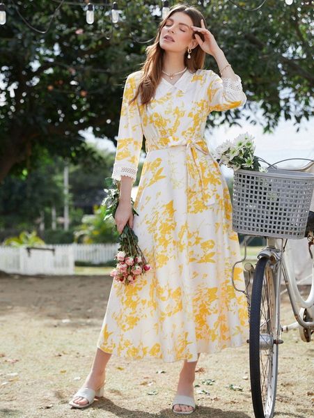 

floral print guipure lace cuff belted dress 16ei#, Black;gray
