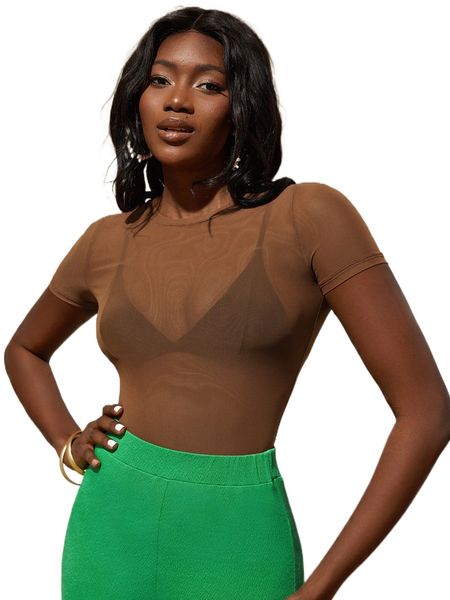 

solid sheer mesh without bra d93t#, White