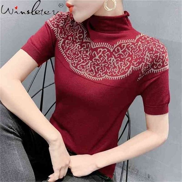 

summer european clothes knit vintage t shirt fashion print colorant match women slim bottoming shirt tees t13420a 210421, White