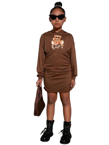 

girls bear print drop shoulder dress u1mc#, Black;white