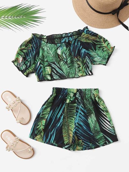 

girls tropical print frill trim puff sleeve & shorts set she, White