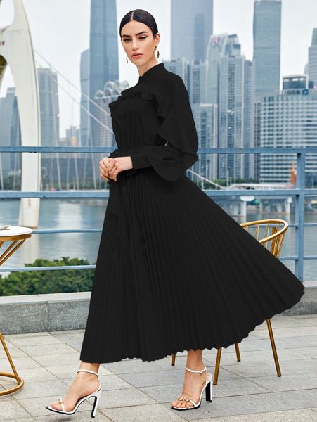 

ruffle trim pleated hem shirt dress s6jy#, Black;gray