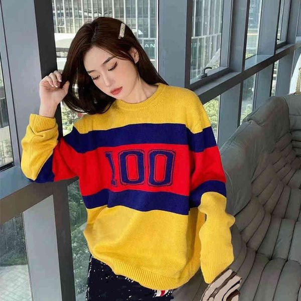 

women's knits & tees color contrast letter jacquard spring and autumn loose lazy wind aging yellow men's women's same sweater, White