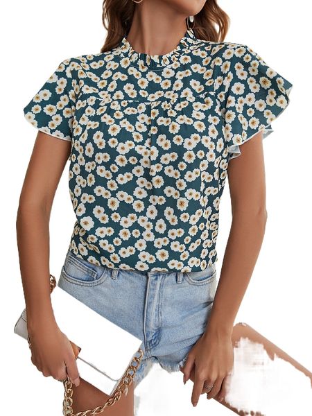 

floral print frilled neck butterfly sleeve blouse a3kl#, White