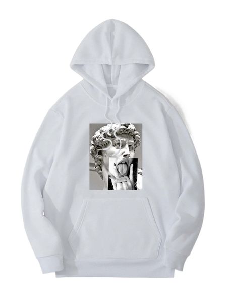 

men sculpture and figure graphic kangaroo pocket drawstring thermal lined hoodie 28sk#, Black