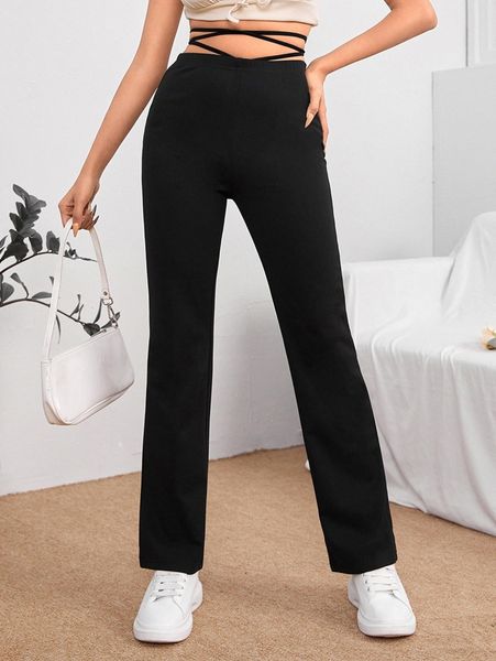

petite high waist tie back pants v8xj#, Black;white