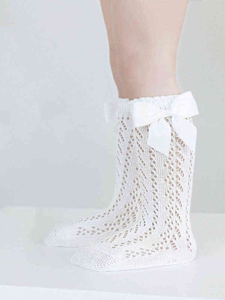 Yaz Düz Renk İspanyol Bow Prenses Beyaz Çoraplar Mesh Out İnce Dikiş Dizleri Yüksek Uzun Tüp Çorapları Kızlar için Kızlar J220621
