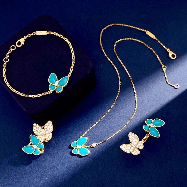 Europa Amerika Modeschmuck Sets Dame Frauen Messing Fassungen Diamant Türkis 18 Karat Gold Zwei Schmetterling Ring Ohrringe Armband Halskette