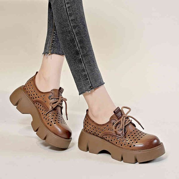

dress shoes leather hollow out single shoes women's summer leisure lace up lefu toe cap leather round head hole 3cdo, Black