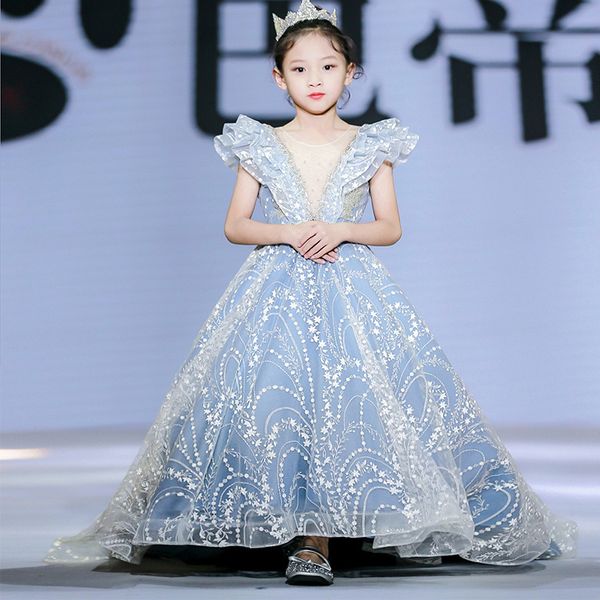 Luxus Pailletten Handgemachte Blume Mädchen Kleider Bogen Gürtel Perlen Prinzessin Kinder Bodenlangen Brautjungfer Kleid Mädchen Pageant Ball Kleid