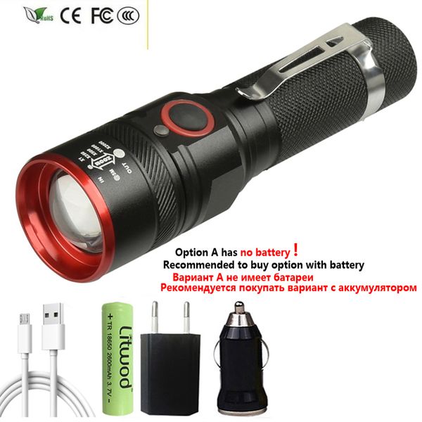 Nova lanterna XM-L T6 LED LENTA USB Recarregável 18650 Battery Flash Light 3000 Lumens Alumínio à prova d'água 3 Modo Bicicleta Luz de camping