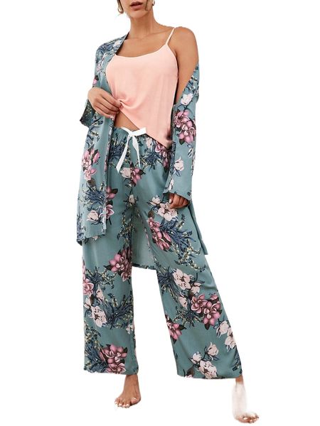 

3pcs floral print tie front belted pj set w4hz#, Black;red