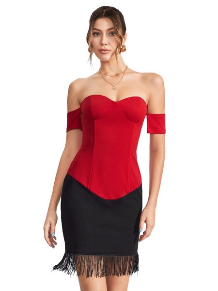 

x john constandinou colorblock off shoulder fringe hem bustier dress c5ai#, Black;gray