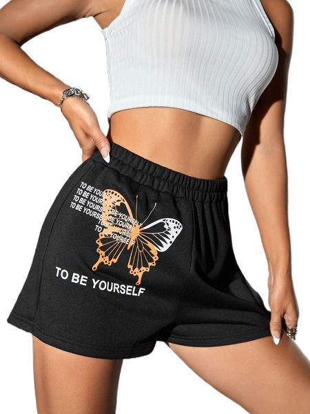 

butterfly & slogan graphic shorts 03fd#, White;black