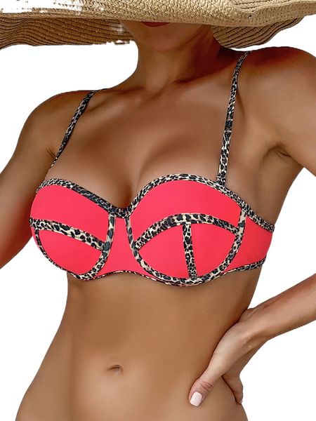 

leopard print contrast binding push up bikini e2vf#, White;black