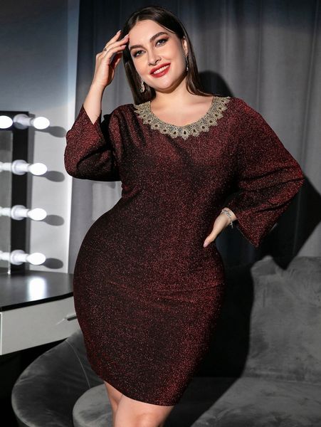 

plus appliques batwing sleeve glitter dress i3k2#, Black