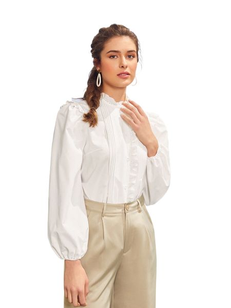 

bishop sleeve ruffle neck solid blouse l24i#, White