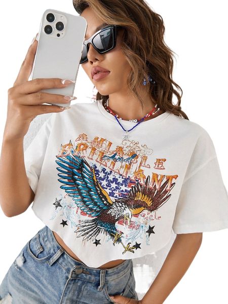 

eagle & slogan graphic drop shoulder hanky hem tee s40z#, White