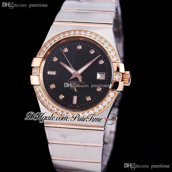 

38mm classic a8500 automatic mens watch two tone rose gold diamonds bezel black diamond dial stainless steel bracelet 123.25.38.21.58.001 pu, Slivery;brown