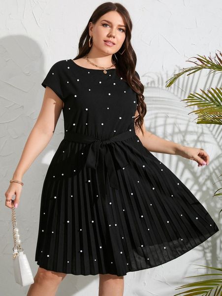 

plus pearls detail pleated hem belted dress d9gx#, Black