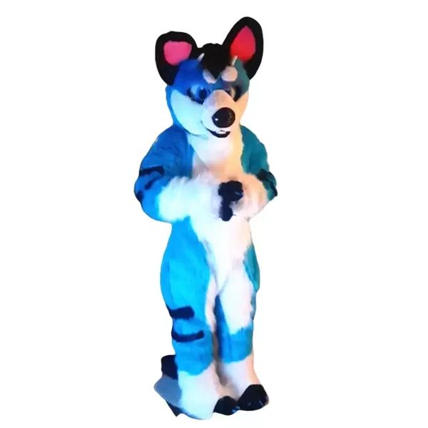 

blue long fur husky dog fox wolf fursuit mascot cartoon raven bird anime theme character christmas carnival party, Red;yellow
