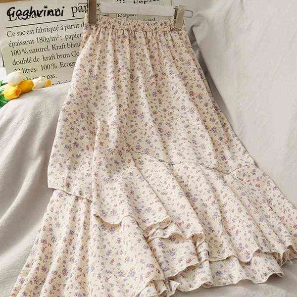 

skirts women summer 2021 floral sweet empire mid-calf ruffles cozy vintage girls all match streetwear casual elegant holiday ins y220426, Black