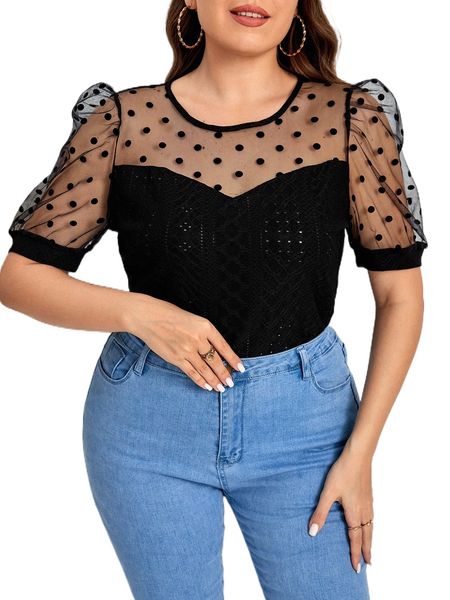 

plus polka dot print eyelet embroidery z3hu#, Black