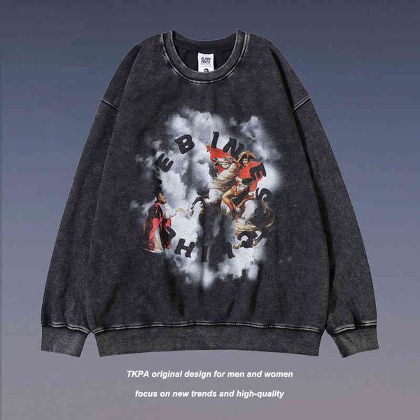 

tkpa autumn hiphop round neck american vibe washing water jacket men and women's national fashion brand old oversize, Black