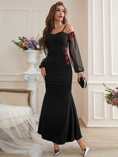 

contrast mesh cold shoulder floral appliques dress j7op#, Black;gray
