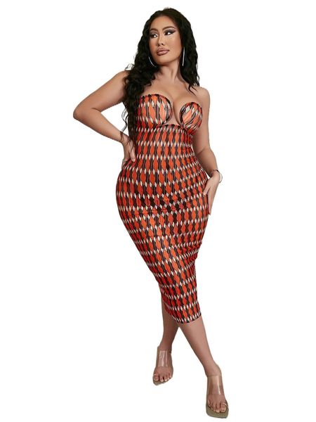 

glamaker allover geo print split back bodycon tube dress q53g#, Black;gray