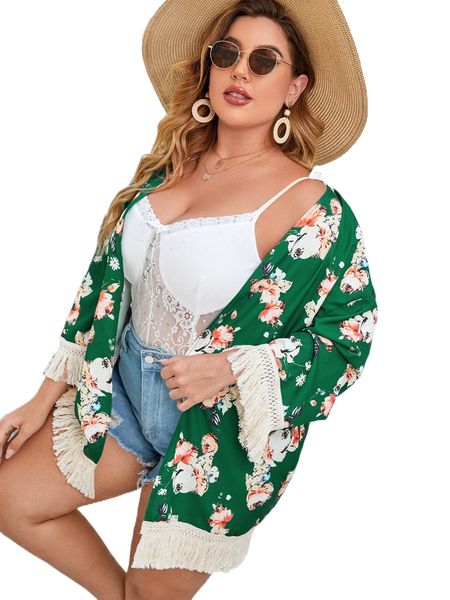 

plus floral print fringe hem kimono e16p#, Black;gray